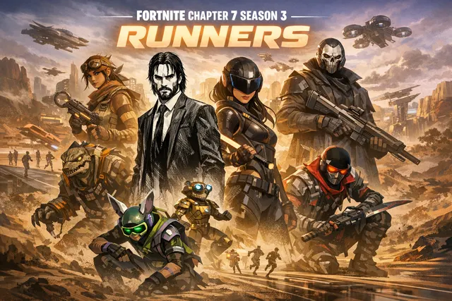 Fortnite Chapter 7 Season 3 Runners key art featuring John Wick Pen & Ink style and other new Battle Pass skins.