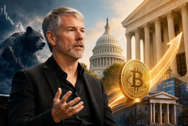 Editorial illustration representing bitcoin’s market recovery and Michael Saylor’s forecast