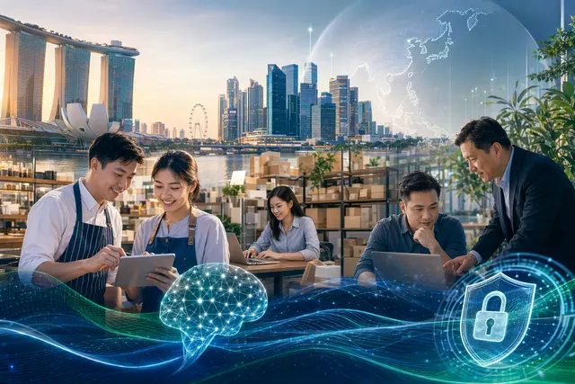 Illustration representing AI adoption and cybersecurity support for Singapore SMEs