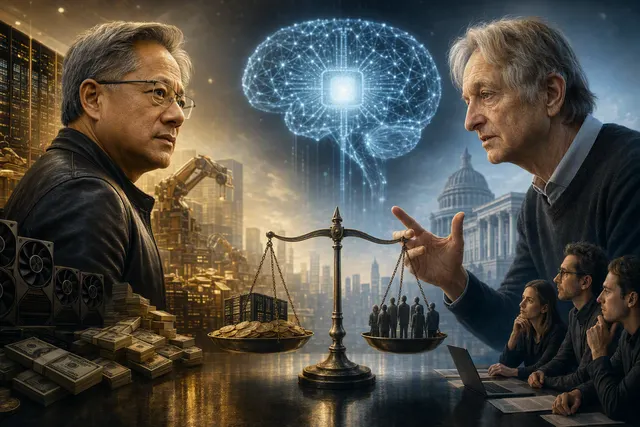 Editorial illustration representing the debate over AI safety, regulation, and rapid AI development
