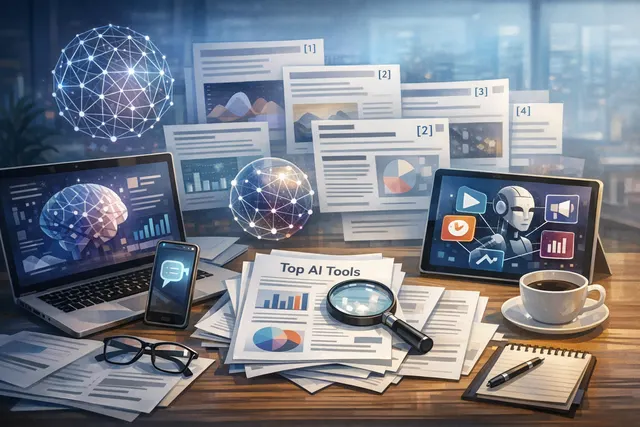 AI marketing tools concept: a laptop displaying a dashboard surrounded by icons for ChatGPT, Jasper, HubSpot, Canva, and other platforms against a glowing digital background