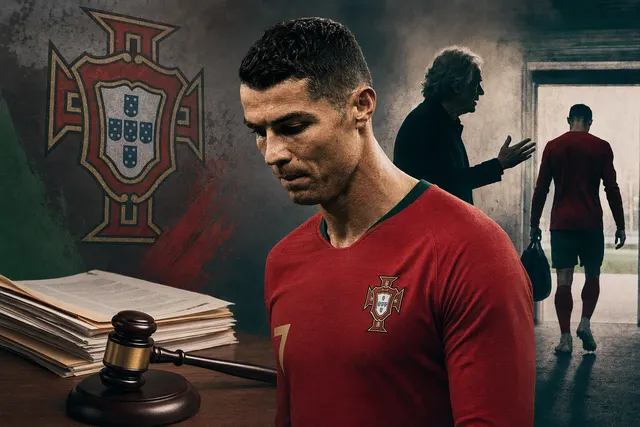 AI-generated editorial illustration for an article about Cristiano Ronaldo’s Portugal camp walkout and provisional suspension