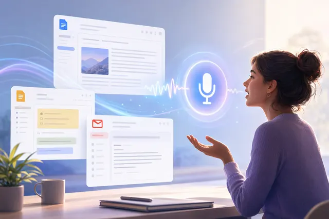 Conceptual illustration of voice-driven AI controlling Google Workspace apps like Docs, Gmail, and Keep