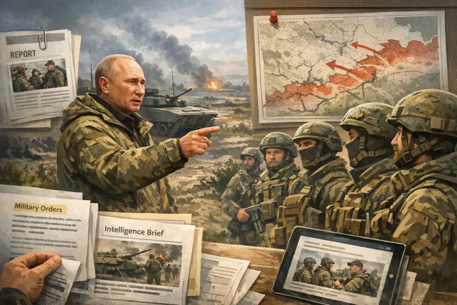A command post map showing the Donbas and eastern Ukraine front lines, representing the July 2026 battlefield situation Putin assessed during his visit.