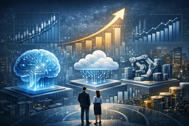 AI-generated editorial illustration of Tencent’s three-layer AI strategy across models, applications and computing infrastructure