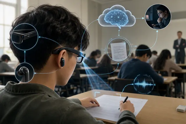 Editorial illustration of AI-enabled smart glasses and the challenge they pose to supervised exams