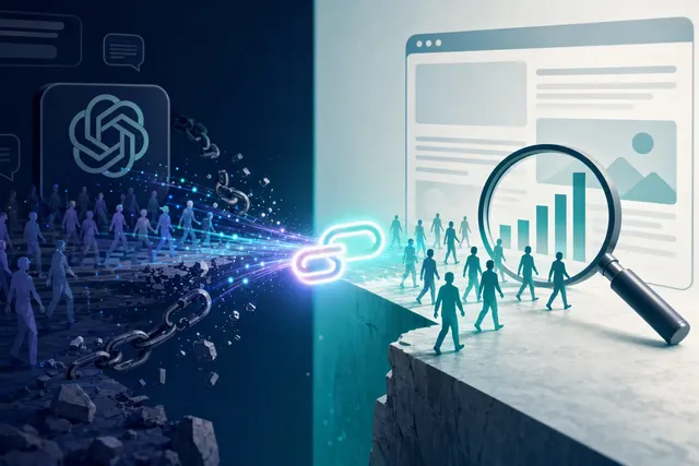 Editorial illustration of ChatGPT referral links and website analytics, showing traffic being misclassified as Direct