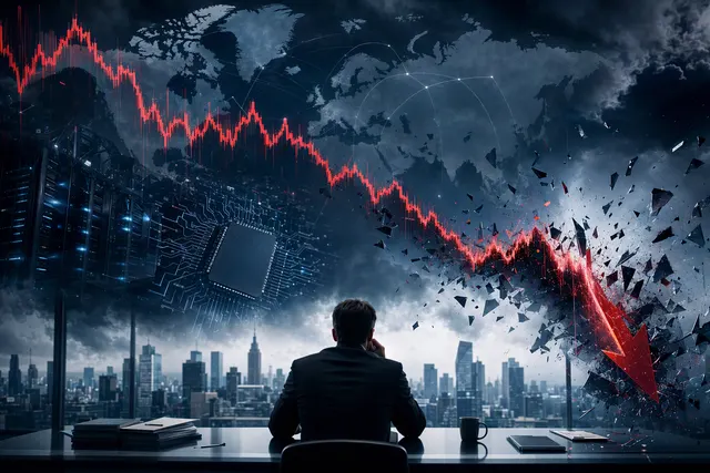 Editorial illustration accompanying a report on an AI-linked technology selloff and hedge-fund losses.