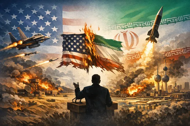 AI-generated editorial hero image showing the competing narratives surrounding the drone attack on Kuwait International Airport.