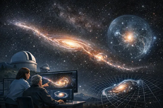 Illustration of a distorted stellar stream curving through a Milky Way-like galaxy, with gaps and branching structures