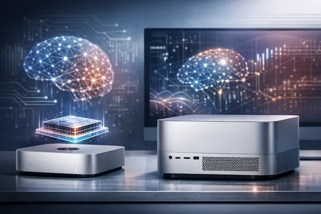 Illustration of Apple’s updated Mac mini and Mac Studio desktops highlighting the M6 and M5 Ultra chips