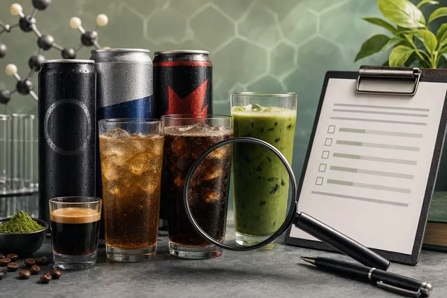 AI-generated editorial illustration accompanying an article about caffeine in mixed energy drinks, coffee and matcha