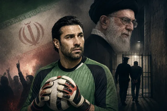 Editorial illustration of former Iranian goalkeeper Rashid Mazaheri after his criticism of Supreme Leader Ali Khamenei