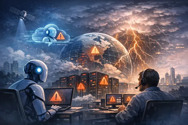 Abstract visualization of Microsoft Copilot outage with disrupted network connections on June 1, 2026