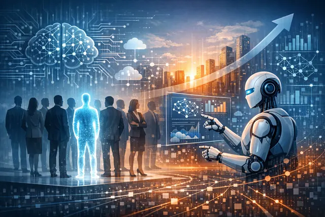 Abstract visualization of enterprise AI adoption trends through 2030, showing data streams, agent networks, and graph structures connecting across a dark digital landscape