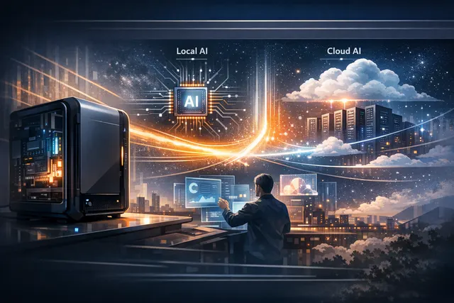 An abstract visualization of an AI brain split between a personal computer chip and a glowing data center, illustrating Perplexity's hybrid local-cloud AI inference orchestration.