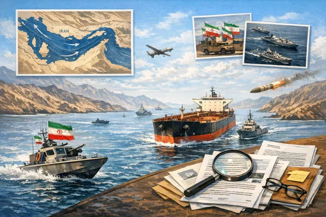 A map or conceptual satellite view of the Strait of Hormuz, the critical maritime chokepoint between Iran, Oman, and the UAE.