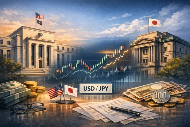 USD/JPY currency chart showing yen near 40-year low of 163.99 as traders await Fed and BOJ interest rate decisions