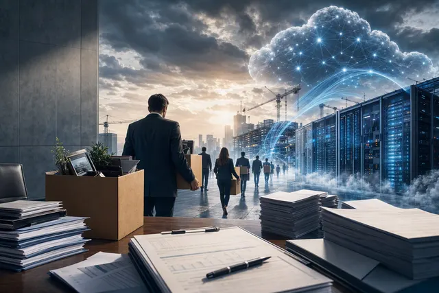 Editorial illustration of Oracle’s AI infrastructure investment and corporate restructuring