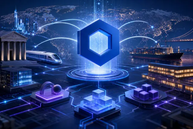 Editorial illustration representing Chainlink’s expansion across DeFi, cross-chain payments and institutional financial infrastructure