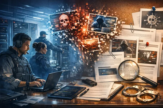 Conceptual digital artwork representing a global cybercrime takedown with server racks, network nodes, and law enforcement symbols
