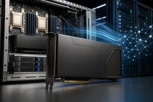 Editorial illustration of a PCIe AI accelerator card in an enterprise data center server