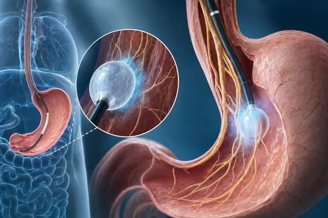Illustration of a cryo‑balloon catheter targeting vagus nerve branches in the stomach for obesity treatment