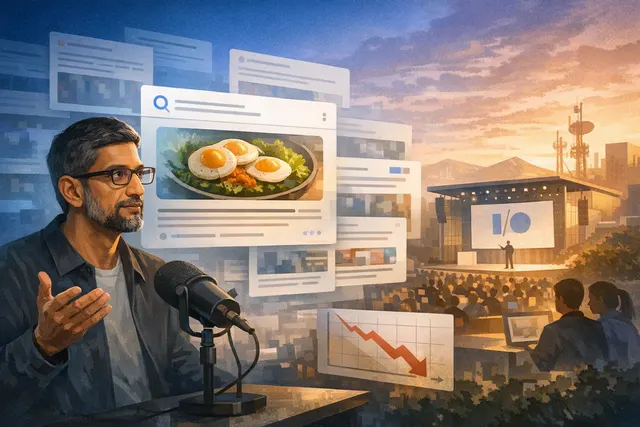 Sundar Pichai discussing AI search results on the Decoder podcast with a Chromebook search visible on screen