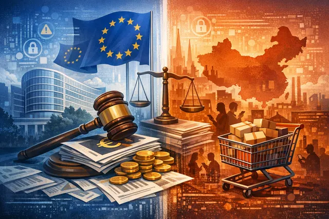 Digital illustration of a cracked smartphone screen displaying the Temu app icon, symbolizing regulatory fines and safety violations under the EU Digital Services Act.
