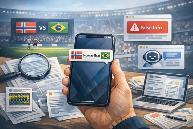 Conceptual illustration of a smartphone displaying a fake sports score notification, with AI and crypto symbols in the background