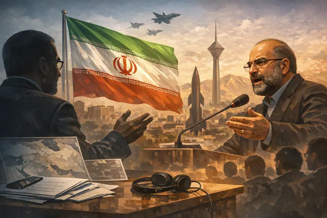 Iran's chief negotiator Mohammad Bagher Ghalibaf at a podium with Iranian flags, with a tense expression