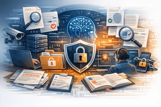 Abstract digital artwork showing a glowing padlock icon at the center of a network of data nodes and AI chat interfaces, symbolizing the protection of sensitive information from AI