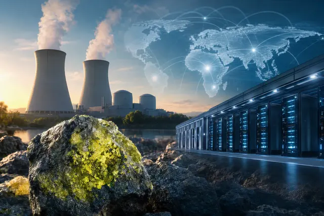 Editorial illustration of AI data-centre energy demand, nuclear power and uranium mining