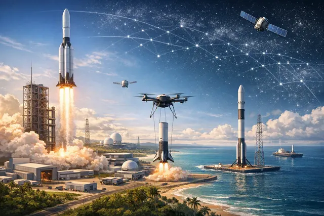 Illustration of Wenchang’s commercial space hub with rockets, satellites and aerospace data networks over Hainan