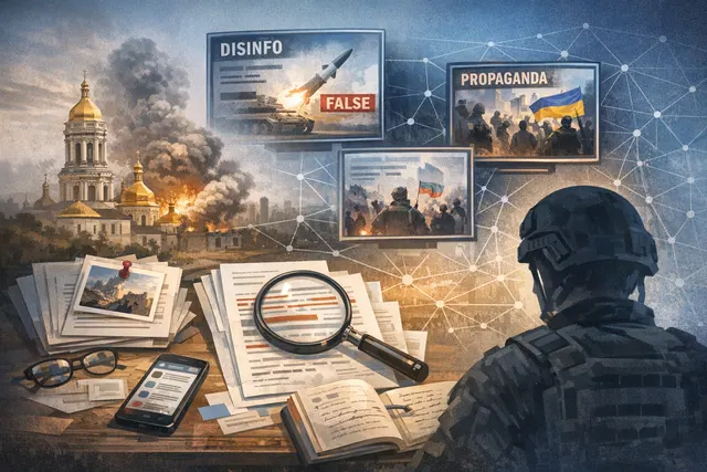 Editorial illustration representing Russia's cognitive warfare campaign after the June 2026 strike on the Kyiv Pechersk Lavra, with AI-generated imagery and disinformation symbols.