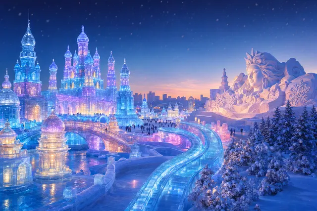 AI-generated illustration of a winter ice-and-snow festival in China
