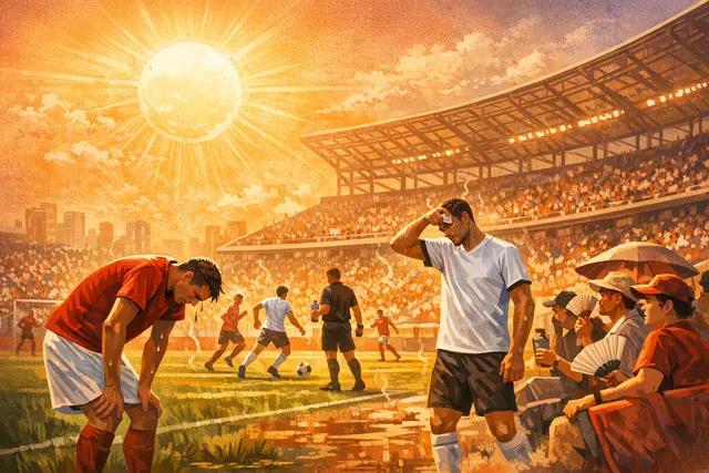 A soccer player silhouetted against a glowing sun on a pitch, illustrating dangerous heat threats at the 2026 FIFA World Cup.