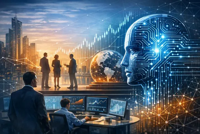 Abstract illustration of artificial intelligence and financial data visualization representing Goldman Sachs AlphaAI platform