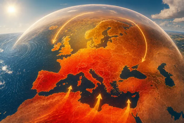 Illustration of a heat dome over western Europe bringing extreme temperatures to Spain, France and the UK