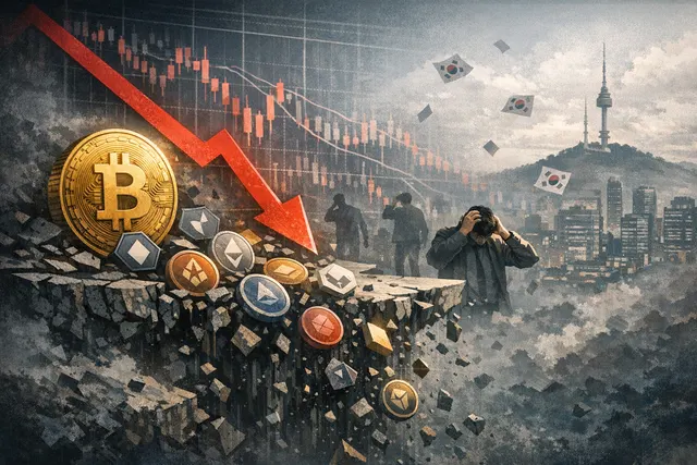 Cryptocurrency market crash visualization with red downward trend lines, Bitcoin logo, and altcoin symbols on a dark digital background representing extreme fear in the June 2026 a