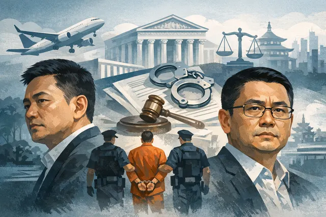 Illustration depicting the extradition of Chen Zhi and Liu Ren, with symbols of international law enforcement and cybercrime