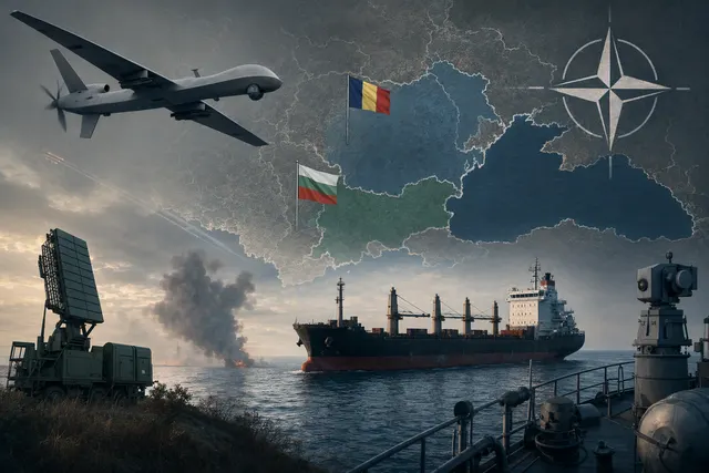 Illustration of a merchant ship in the Black Sea beneath a drone and military aircraft