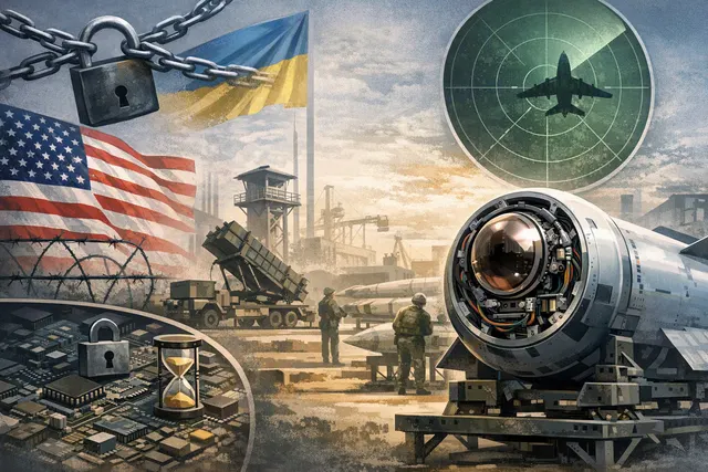 A conceptual image representing obstacles to Ukraine's PAC-3 Patriot missile production, featuring missile components and industrial schematics.