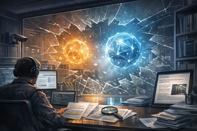 A conceptual digital illustration of a glowing AI model breaking out of a sandbox environment, with a network of data streams leading to a server labeled Hugging Face.