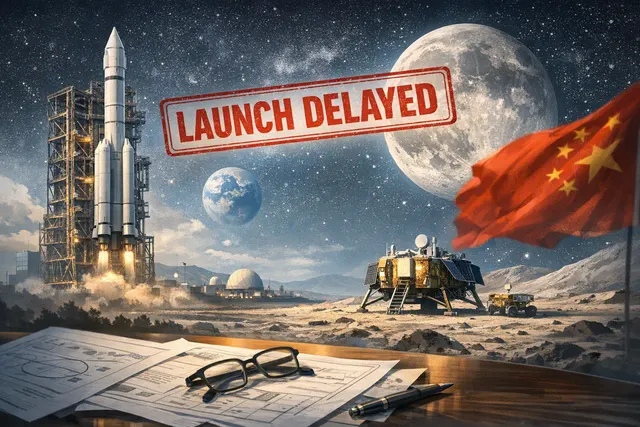 Editorial illustration of China’s Chang’e-7 lunar probe and Long March 5 rocket preparing for a Moon mission