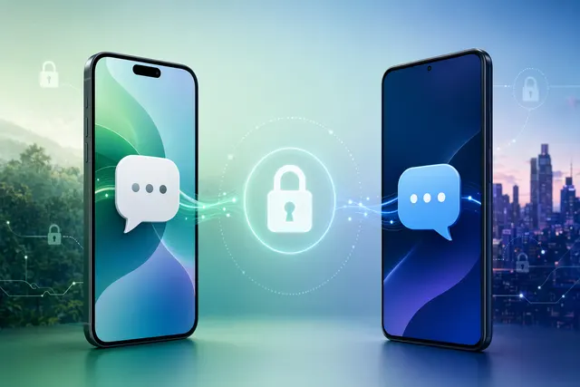 Illustration of iPhone and Android messaging bubbles with a lock symbol for encrypted RCS in iOS 26.5