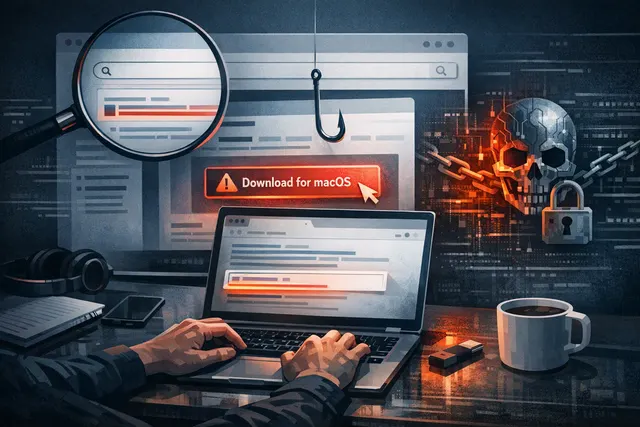 Illustration of a fake Codex download page leading a Mac developer from a Google ad to a malicious Terminal command