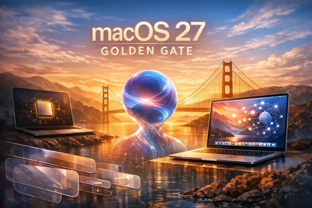 Illustration of macOS 27 Golden Gate branding with a stylized San Francisco Golden Gate Bridge motif and Apple Silicon chip iconography, representing the end of Intel Mac support.