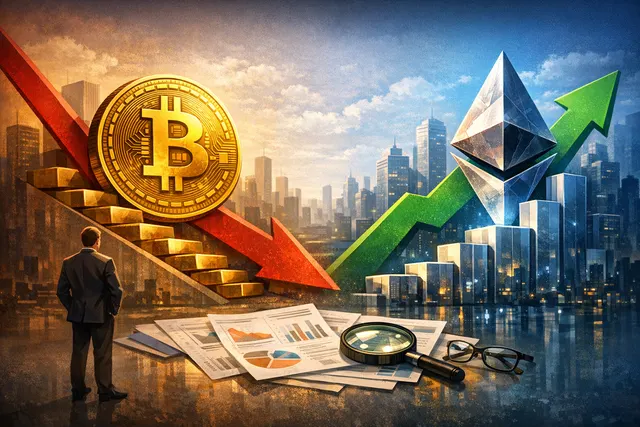 Ethereum and Bitcoin logos side by side with a chart showing ETH-BTC ratio trend and staking yield advantage illustration