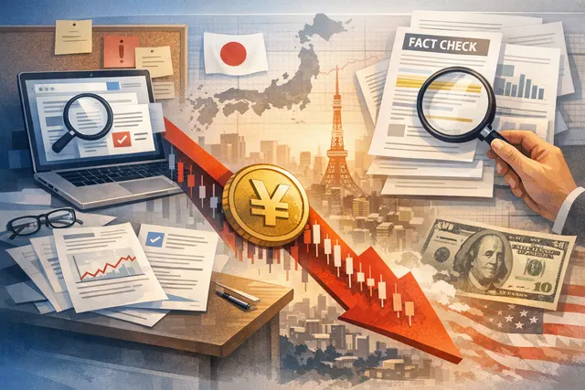 Japanese yen banknotes and US dollar bills with a downward arrow over the yen symbol, representing the yen's slide toward multi-decade lows against the dollar in June 2026.